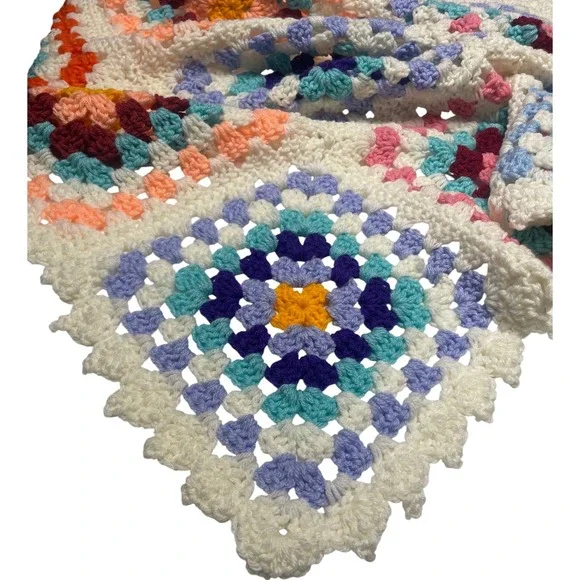 Handmade Crochet Granny Square Colorblock Floral Afghan Small Size Throw Blanket